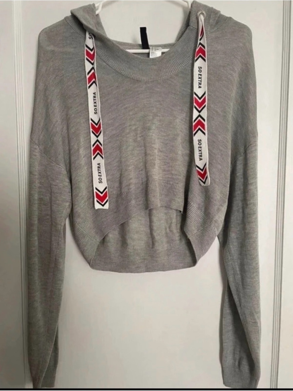 H&M Light Gray Cropped Hoodie with Patterned Drawstrings